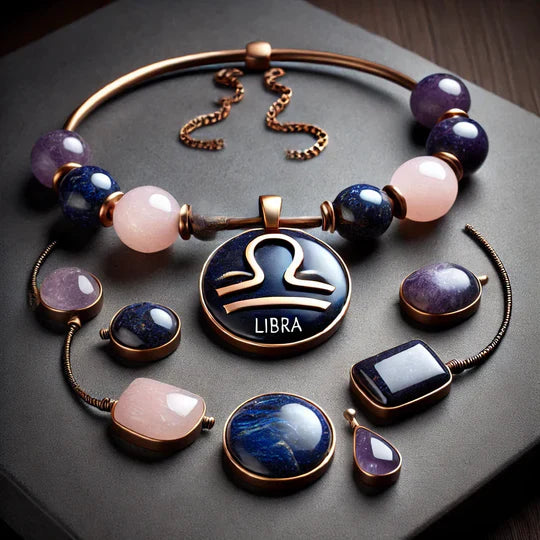 BIJUTEI DIN CUART ROZ, SAFIR PE SUPORT METALIC SI SEMSNUL ZODIEI BALANTA