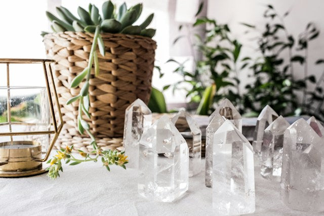 Clear quartz crystal points arranged as natural decor in a modern interior