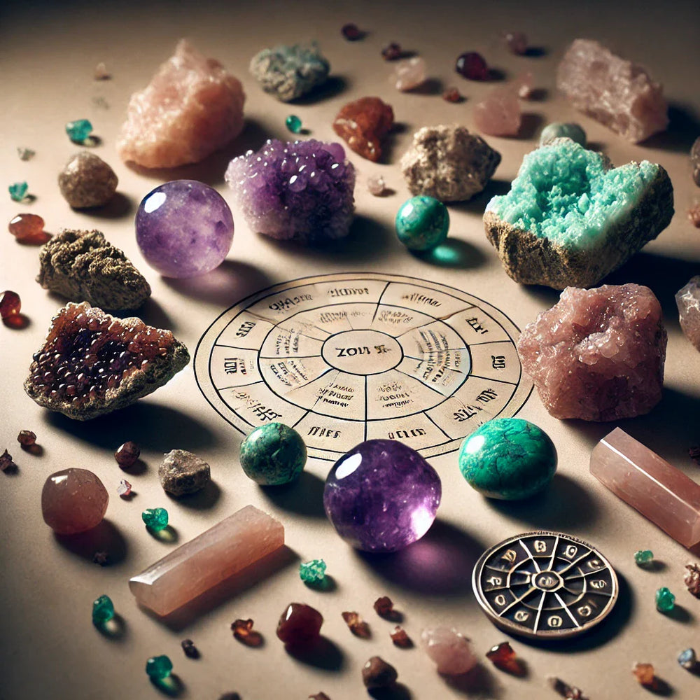 Healing crystals and gemstones arranged around a zodiac chart representing lucky stones for each zodiac sign.